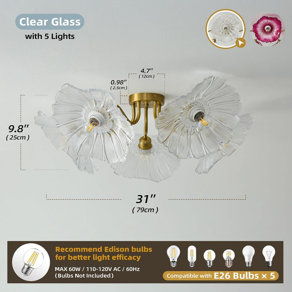 Flower Glass 5 Lights Ceiling Light - Gold Vintage Floral Semi Flush Mount Chandelier Lightin Fixture - Mid Century Modern Art Deco Lamp for Bedroom Bathroom Hallway Hall Laundry Kitchen Dining Room
