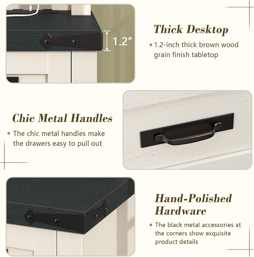 YOMILUVE Farmhouse Computer Desk with Drawers, 47' Small Computer Desk with Power Outlets, Home Office Desk with Monitor Stand & 4 Drawers, Writing Study Table, Black & White