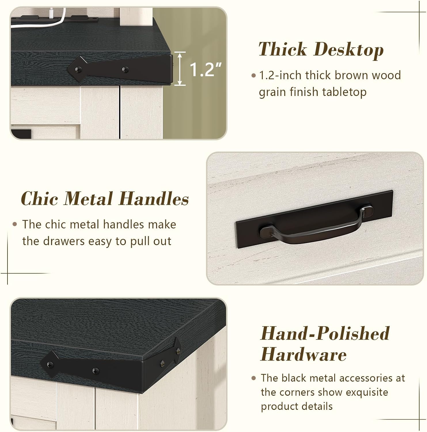 YOMILUVE Farmhouse Computer Desk with Drawers, 47' Small Computer Desk with Power Outlets, Home Office Desk with Monitor Stand & 4 Drawers, Writing Study Table, Black & White