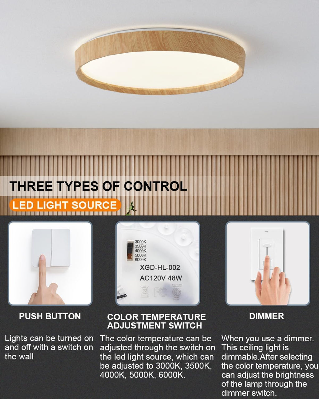 ANYLOVE 19 inch LED Flush Mount Ceiling Light Fixture,3000K 4000K 5000K Adjustable Ceiling Lights, Farmhouse Oak Wood Grain Ceiling Light for Bedroom Hallway Bathroom Kitchen