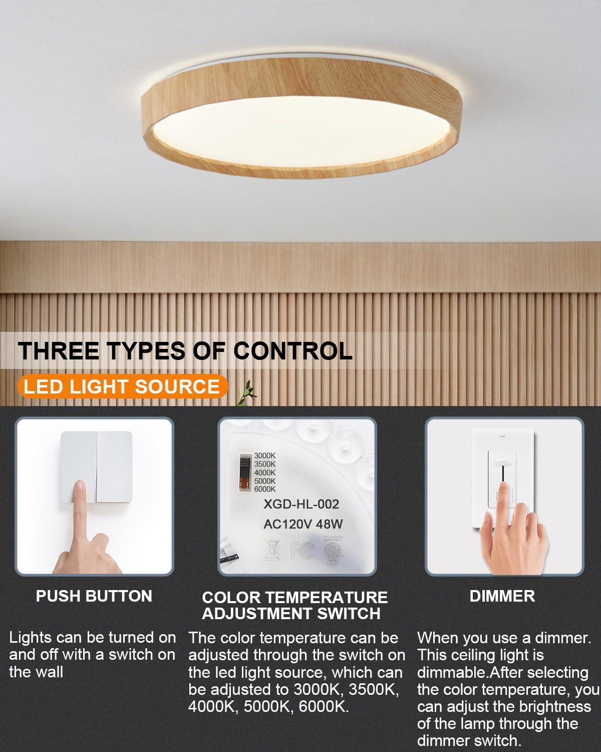 ANYLOVE 19 inch LED Flush Mount Ceiling Light Fixture,3000K 4000K 5000K Adjustable Ceiling Lights, Farmhouse Oak Wood Grain Ceiling Light for Bedroom Hallway Bathroom Kitchen