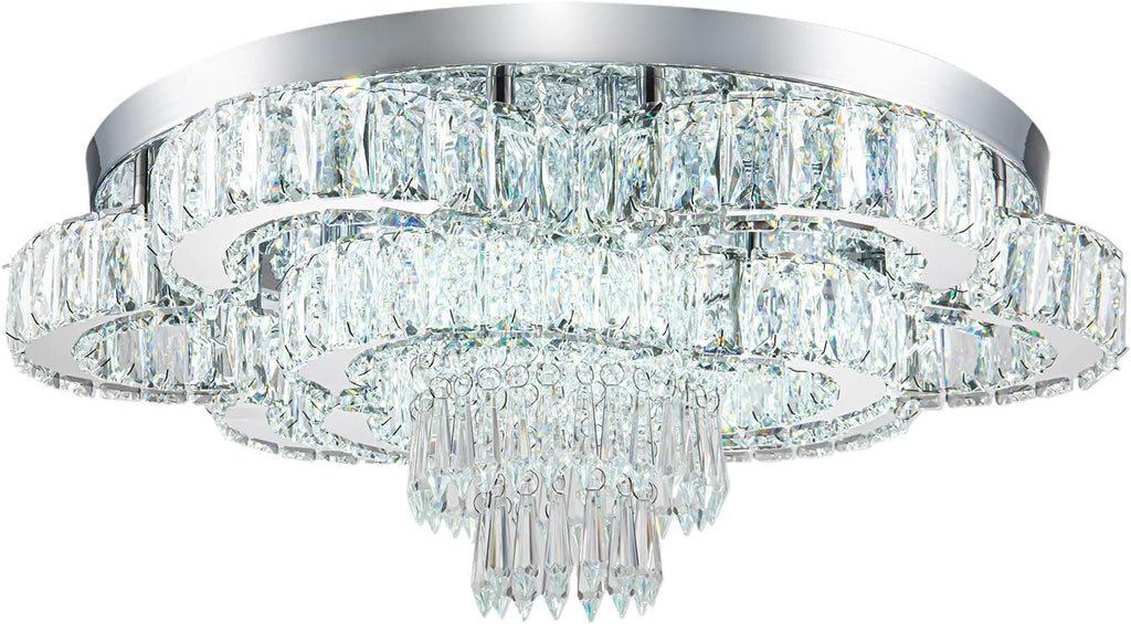 21 Inch Crystal Chandelier LED Flush Mount Ceiling Light Fixtures Luxury Chandeliers for Living Room Bathroom Bedroom Entrance Dining Room(Cool White)