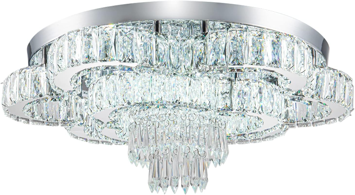 21 Inch Crystal Chandelier LED Flush Mount Ceiling Light Fixtures Luxury Chandeliers for Living Room Bathroom Bedroom Entrance Dining Room(Cool White)