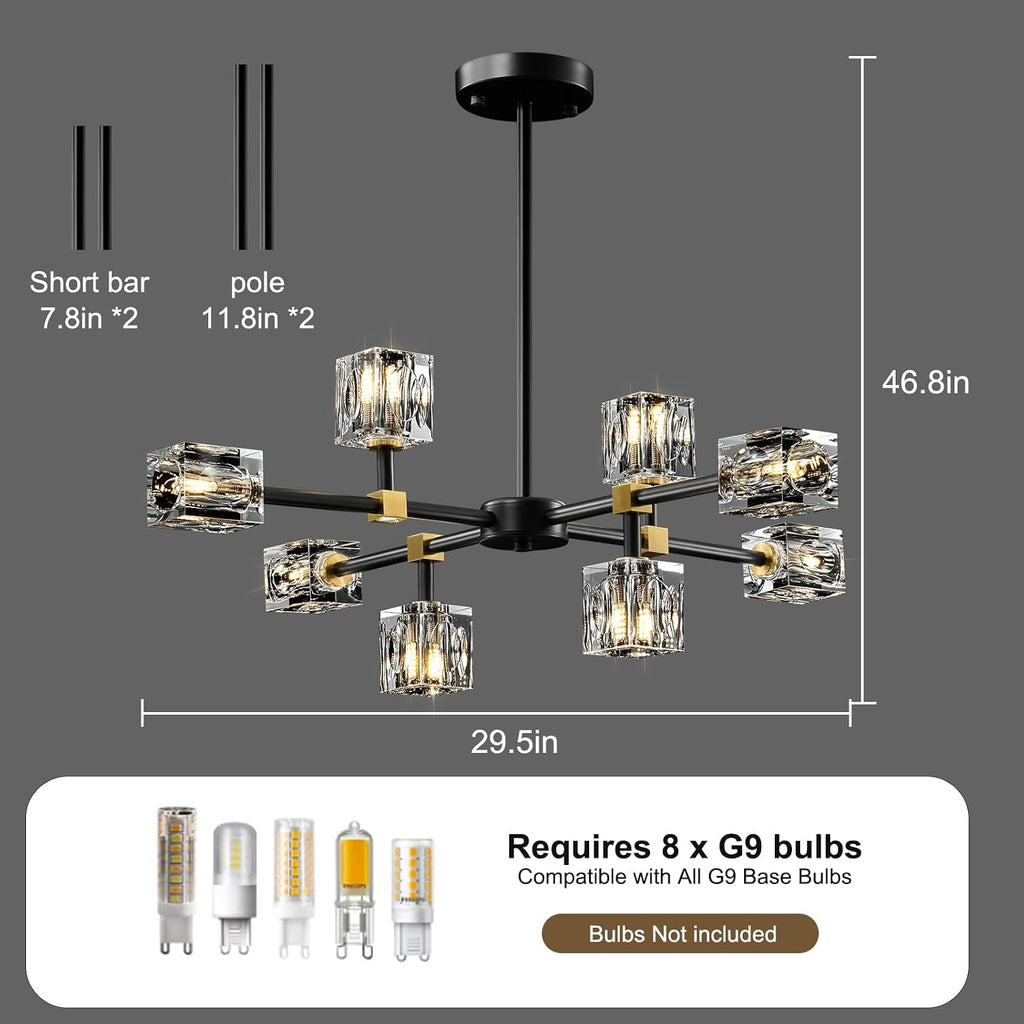 Modern Sputnik Crystal Kitchen Chandelier - Luxury Elegant 8 Light Black and Gold Brushed Brass Chandeliers - Adjustable Height Pendant Lighting Ceiling Fixture for Dining Room Living Room Island