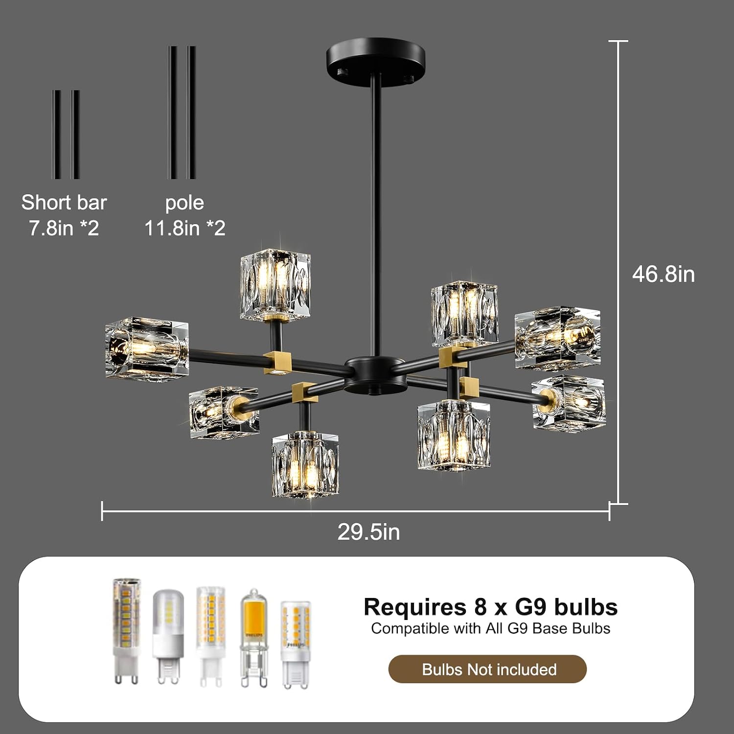 Modern Sputnik Crystal Kitchen Chandelier - Luxury Elegant 8 Light Black and Gold Brushed Brass Chandeliers - Adjustable Height Pendant Lighting Ceiling Fixture for Dining Room Living Room Island