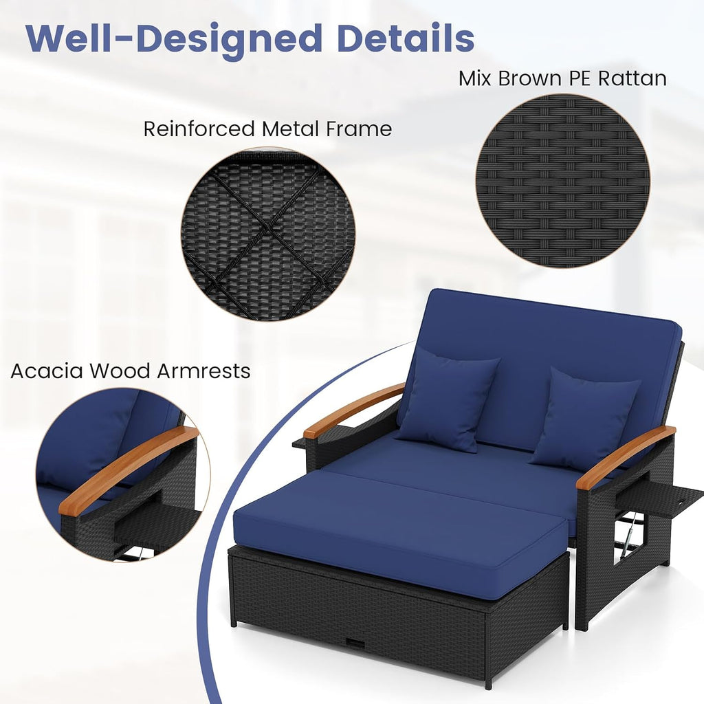 Tangkula Patio Rattan Daybed with 4-Level Adjustable Backrest, Outdoor Wicker Loveseat with Acacia Wood Armrest, Storage Ottoman & Folding Tray, Double Sunbed for Yard & Poolside (Navy & Black)