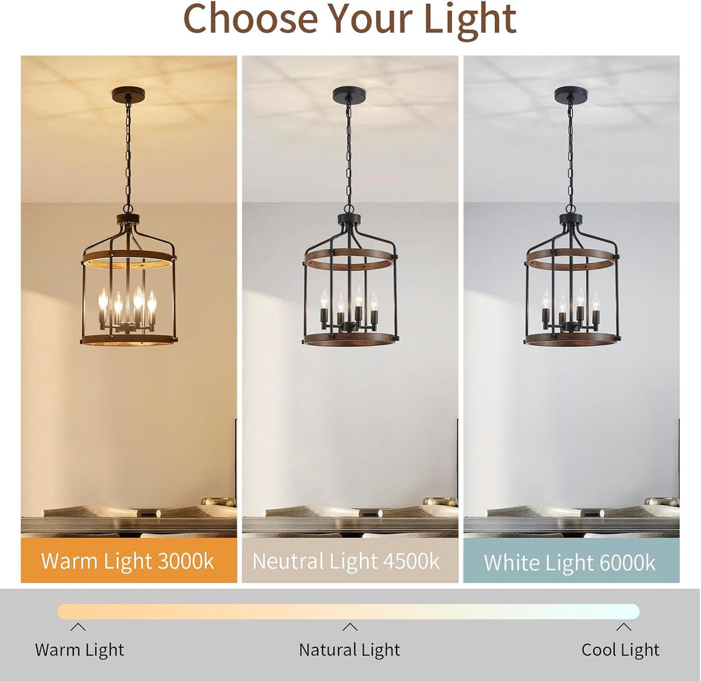 Modern Black Chandelier, 4-Light Farmhouse Dining Room Light Fixture Over Table, Muted Black with Retro Wood Texture Shade, Rustic Cage Hanging Pendant Lighting for Hallway Entryway Kitchen Bedroom