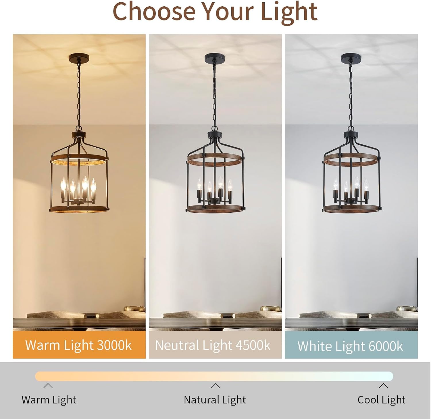 Modern Black Chandelier, 4-Light Farmhouse Dining Room Light Fixture Over Table, Muted Black with Retro Wood Texture Shade, Rustic Cage Hanging Pendant Lighting for Hallway Entryway Kitchen Bedroom