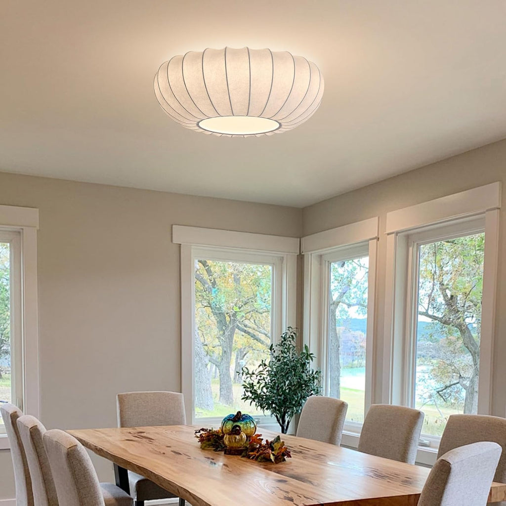 Mid Century Modern White Silk Shade Semi Flush Ceiling Light Japanese Style Drum Fabric Ceiling Light Large Boho Chandelier Light Fixture (20 Inches)