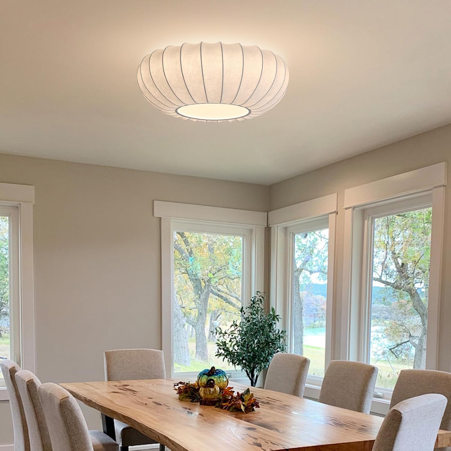 Mid Century Modern White Silk Shade Semi Flush Ceiling Light Japanese Style Drum Fabric Ceiling Light Large Boho Chandelier Light Fixture (20 Inches)