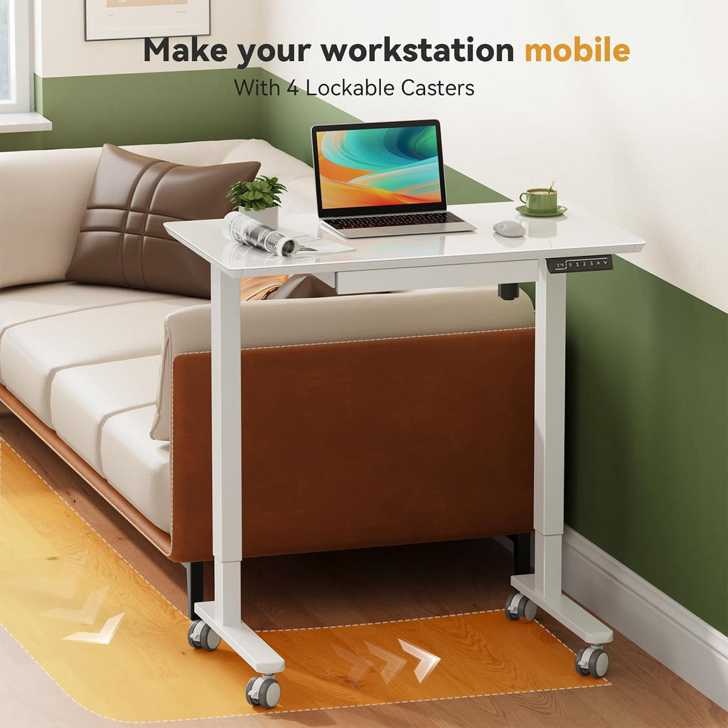 Gibbon Mounts Glass Standing Desk with Drawer, 35×20Inch Whole Piece Height Adjustable Rising Desk, Electric Sit Stand Desk with Wheels, Small Computer Desk, White