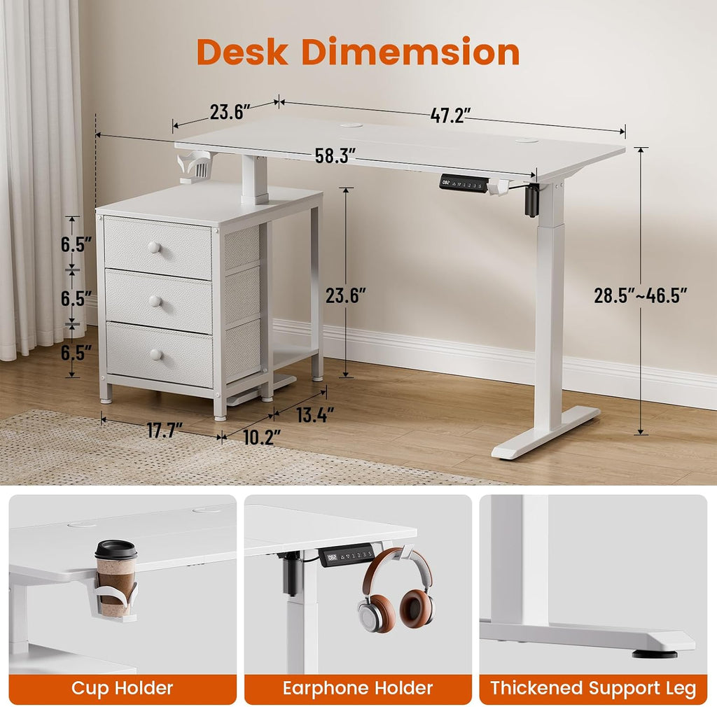 REAHOME Electric Standing Desk with Drawers, 47 x 24 Inches Height Adjustable Sit Stand Desk with Storage, 3 Memory Preset Home Office Computer Table, Printer Cabinet, 2 Hooks, Cable Management, White
