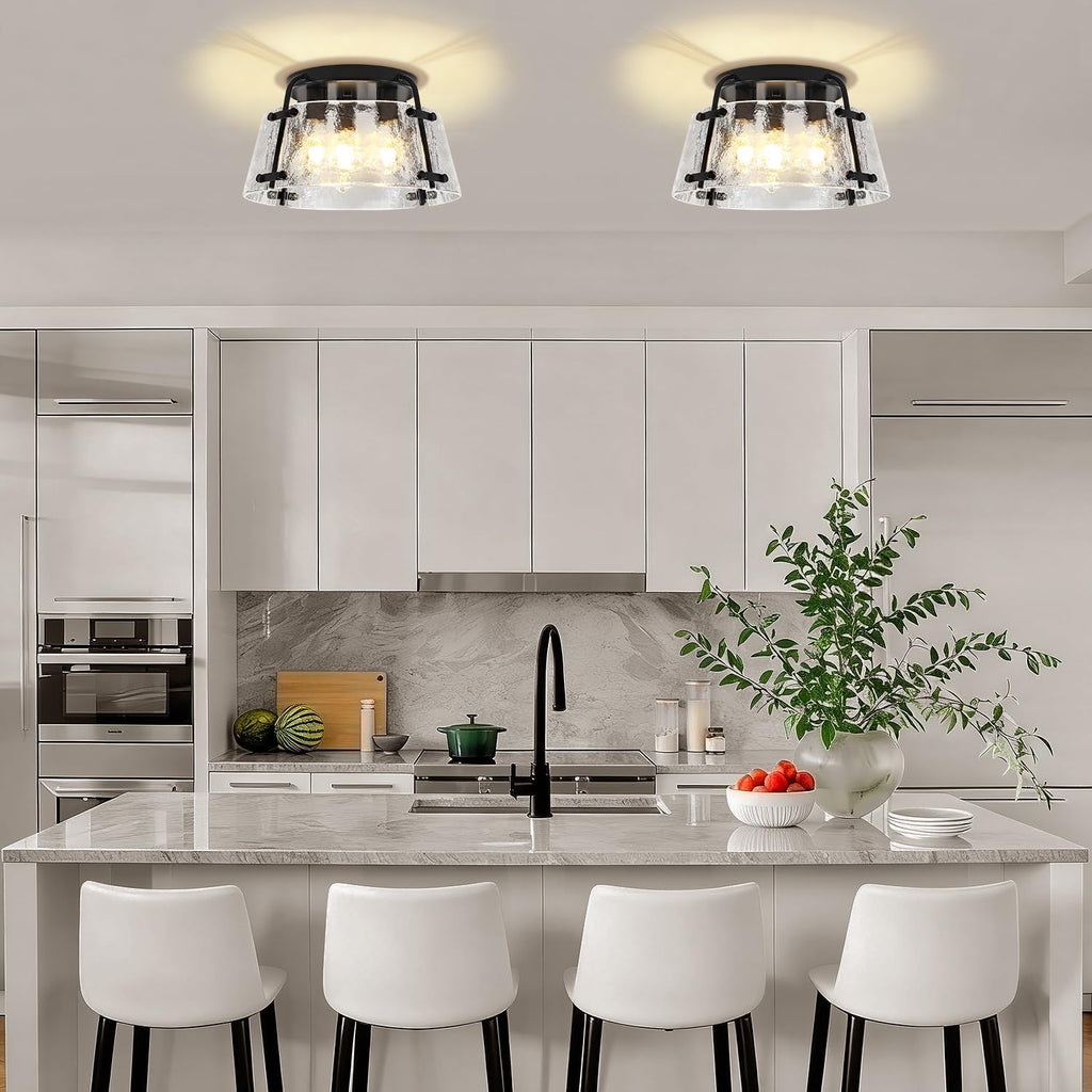 Modern Semi Flush Mount Ceiling Light, 3-Light Black Kitchen Light Fixtures Thick Hammered Glass Close to Ceiling Lights for Hallway Entryway Dining Room Bedroom Bathroom Laundry Room