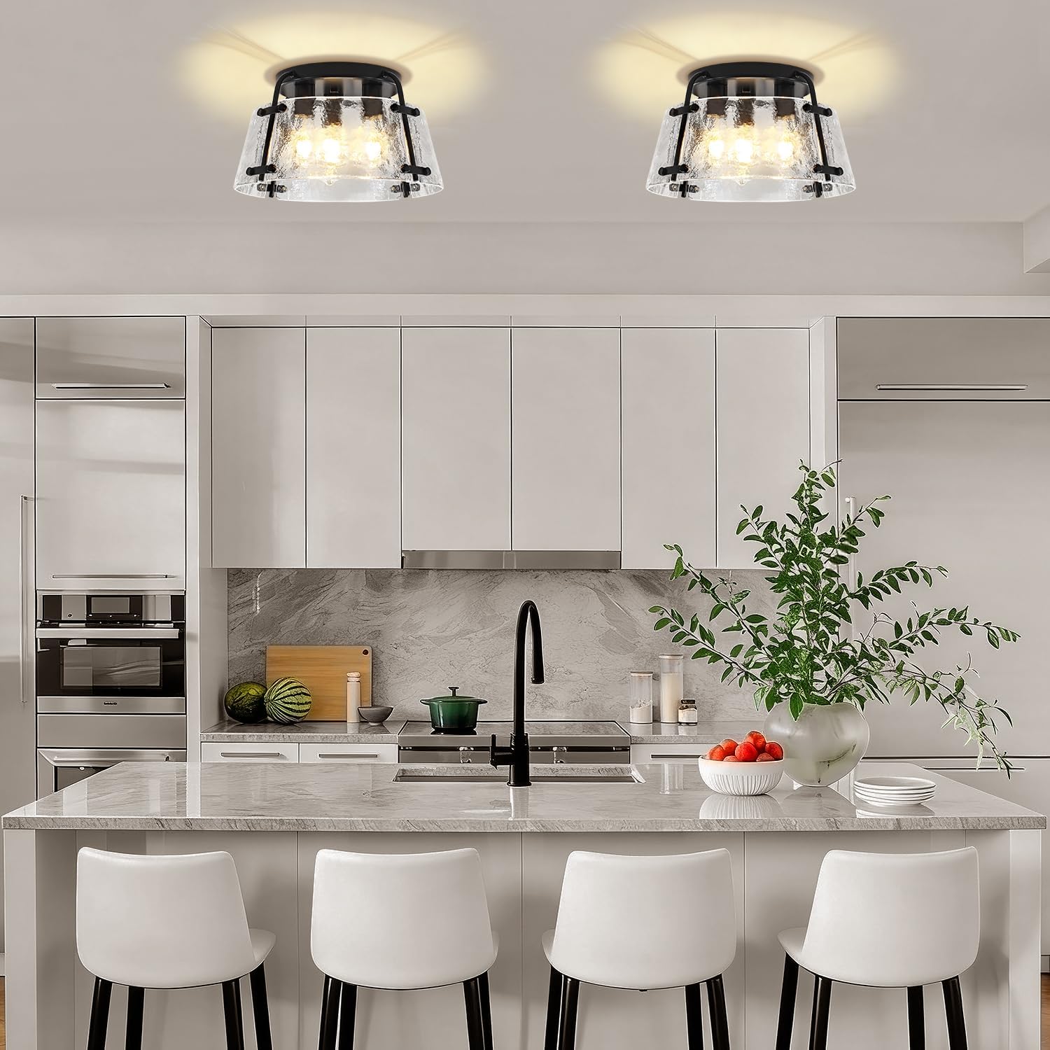 Modern Semi Flush Mount Ceiling Light, 3-Light Black Kitchen Light Fixtures Thick Hammered Glass Close to Ceiling Lights for Hallway Entryway Dining Room Bedroom Bathroom Laundry Room