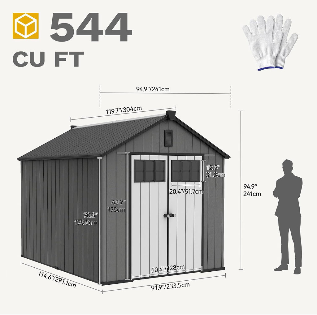 DWVO 8x10 FT Outdoor Storage Shed, 544 cuft Plastic Storage Shed with Floor & Lockable Door, All-Weather Tool Garden Shed with Window & Vent for Patio Furniture, Lawn Mower, Bike, Pool Supplies, Gray