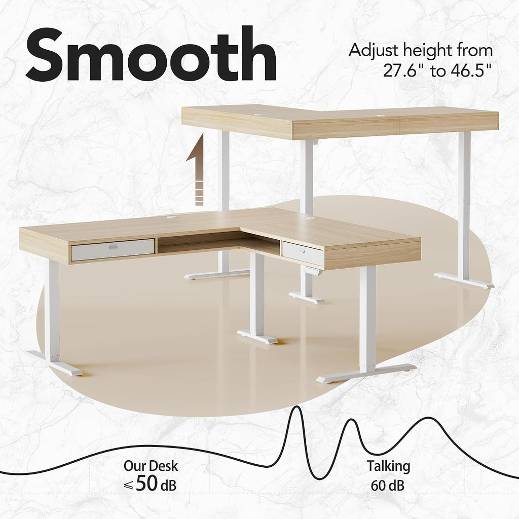 HUANUO Electric L Shaped Standing Desk with 2 Storage Drawers & File Cabinet, 63'' x 53'' Height Adjustable Corner Standing Desk, Computer Desk with Cable Management Tray, Light Walnut