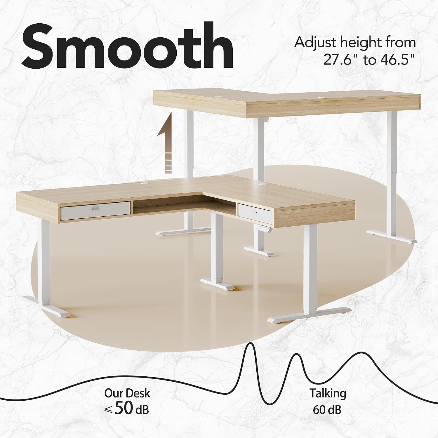 HUANUO Electric L Shaped Standing Desk with 2 Storage Drawers & File Cabinet, 63'' x 53'' Height Adjustable Corner Standing Desk, Computer Desk with Cable Management Tray, Light Walnut