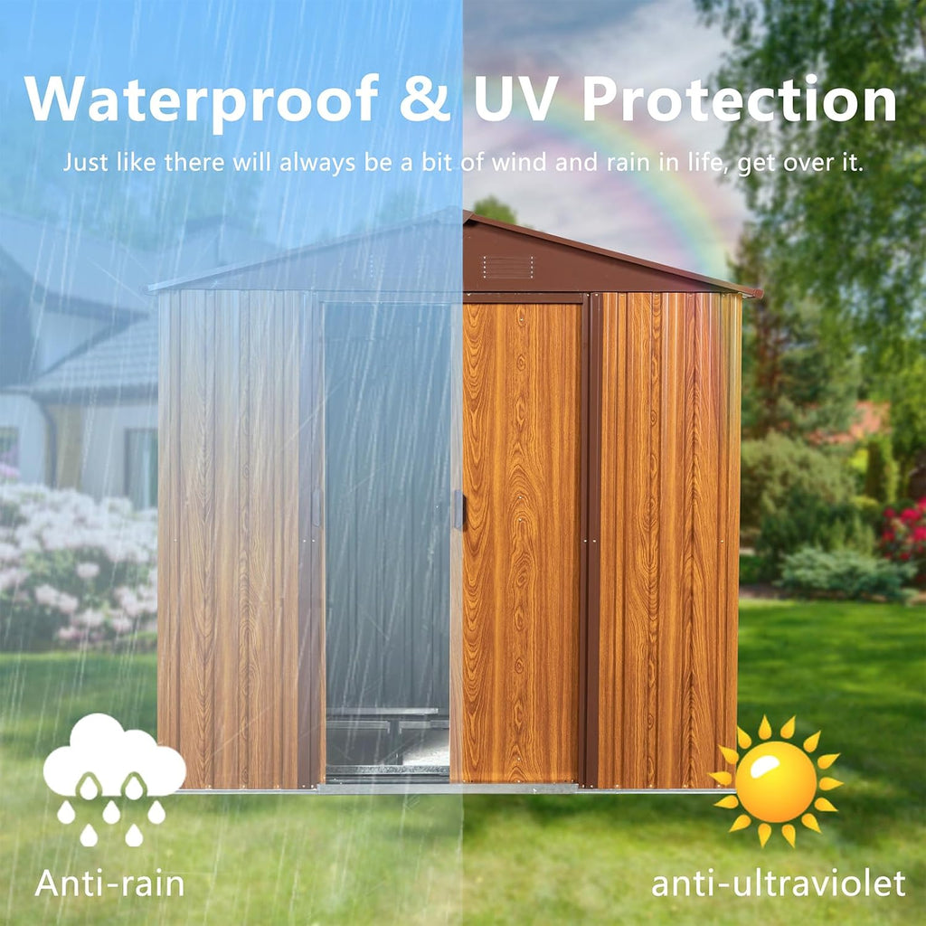 CHUNLY 6' x 5.5' Outdoor Metal Storage Shed with 2 Double Hinged Door & Floor Base, Tool Shed Woodgrain Outdoor Storage Lockable Garden Shed Storage Room for Patio Backyard Lawn Brown