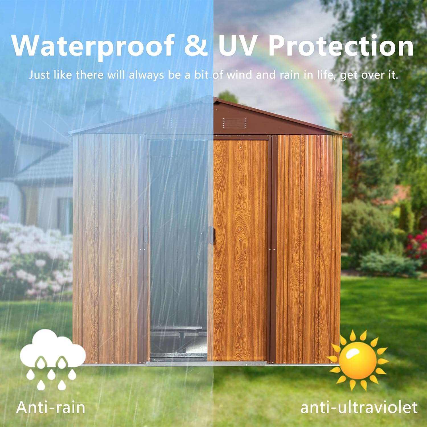 CHUNLY 6' x 5.5' Outdoor Metal Storage Shed with 2 Double Hinged Door & Floor Base, Tool Shed Woodgrain Outdoor Storage Lockable Garden Shed Storage Room for Patio Backyard Lawn Brown