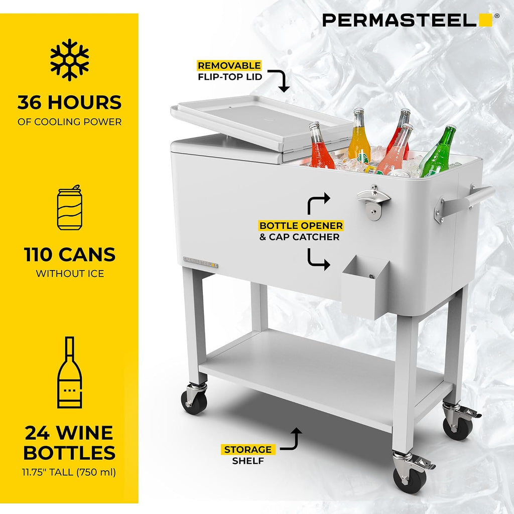 Permasteel Party Cooler with Divider, Removable Basin, Spacious 80-Qt Capacity, Chills 36hrs, Serving Tray, Rolling Ice Chest for Indoor & Outdoor