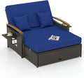 Tangkula Patio Rattan Daybed with 4-Level Adjustable Backrest, Outdoor Wicker Loveseat with Acacia Wood Armrest, Storage Ottoman & Folding Tray, Double Sunbed for Balcony, Backyard & Poolside (Navy)