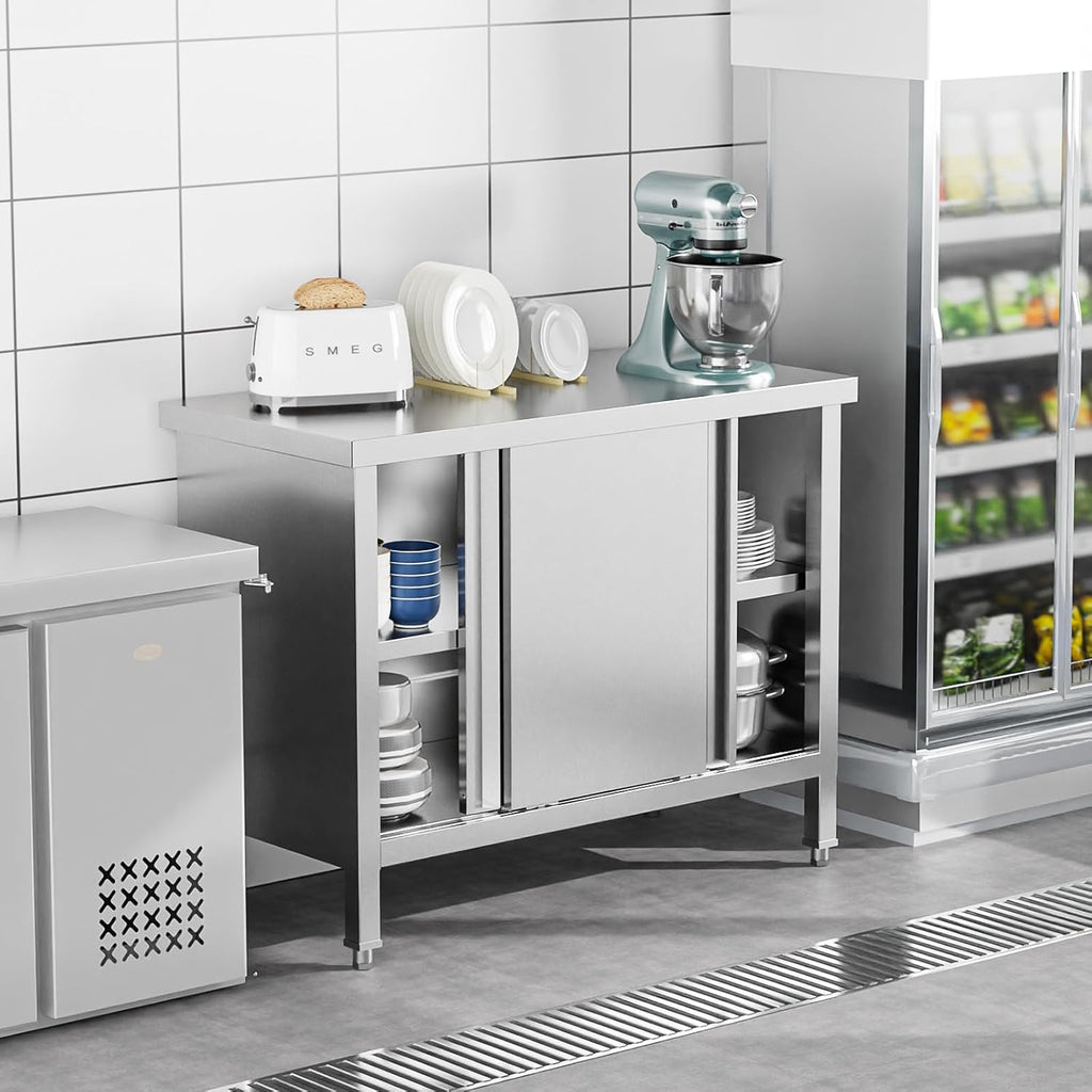 ROVSUN Stainless Steel Table with Cabinet 39 x 19 inches, NSF Commercial Heavy Duty Prep & Work Table with 2 Sliding Doors for Kitchen, Restaurant, Home, Hotel, Garage, Laundry