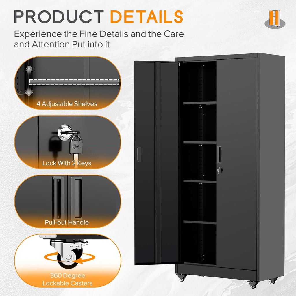 Bonusall 73' Metal Garage Storage Cabinet,Heavy-Duty Rolling Storage Cabinet with Wheels,Assembly Required,Locking Steel Cabinets for Home Office,Warehouse or Workshop-Black