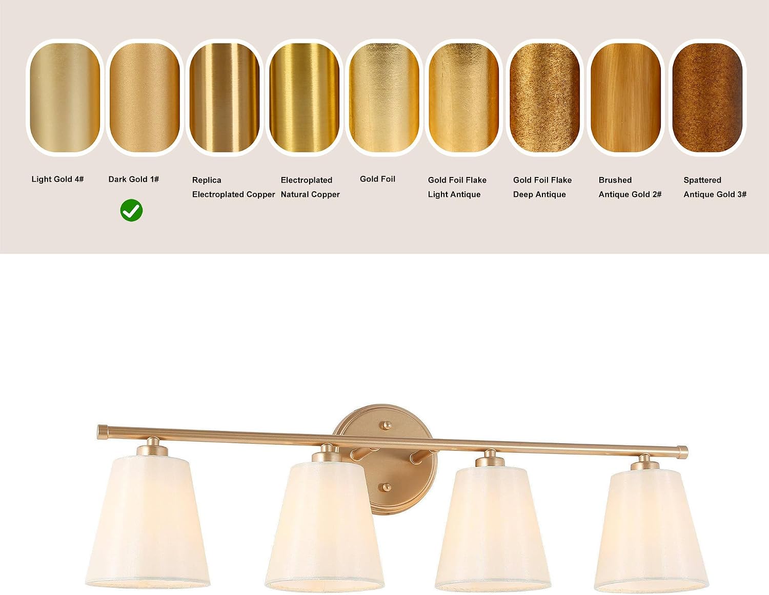 KSANA Large Bathroom Light Fixtures, 4-Light Modern Gold Vanity Lights Over Mirror White Fabric Shade Bathroom Vanity Lighting for Bedroom, Kitchen, Hallway