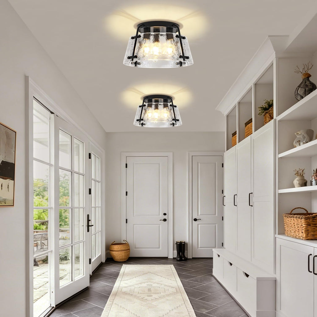 Modern Semi Flush Mount Ceiling Light, 3-Light Black Kitchen Light Fixtures Thick Hammered Glass Close to Ceiling Lights for Hallway Entryway Dining Room Bedroom Bathroom Laundry Room