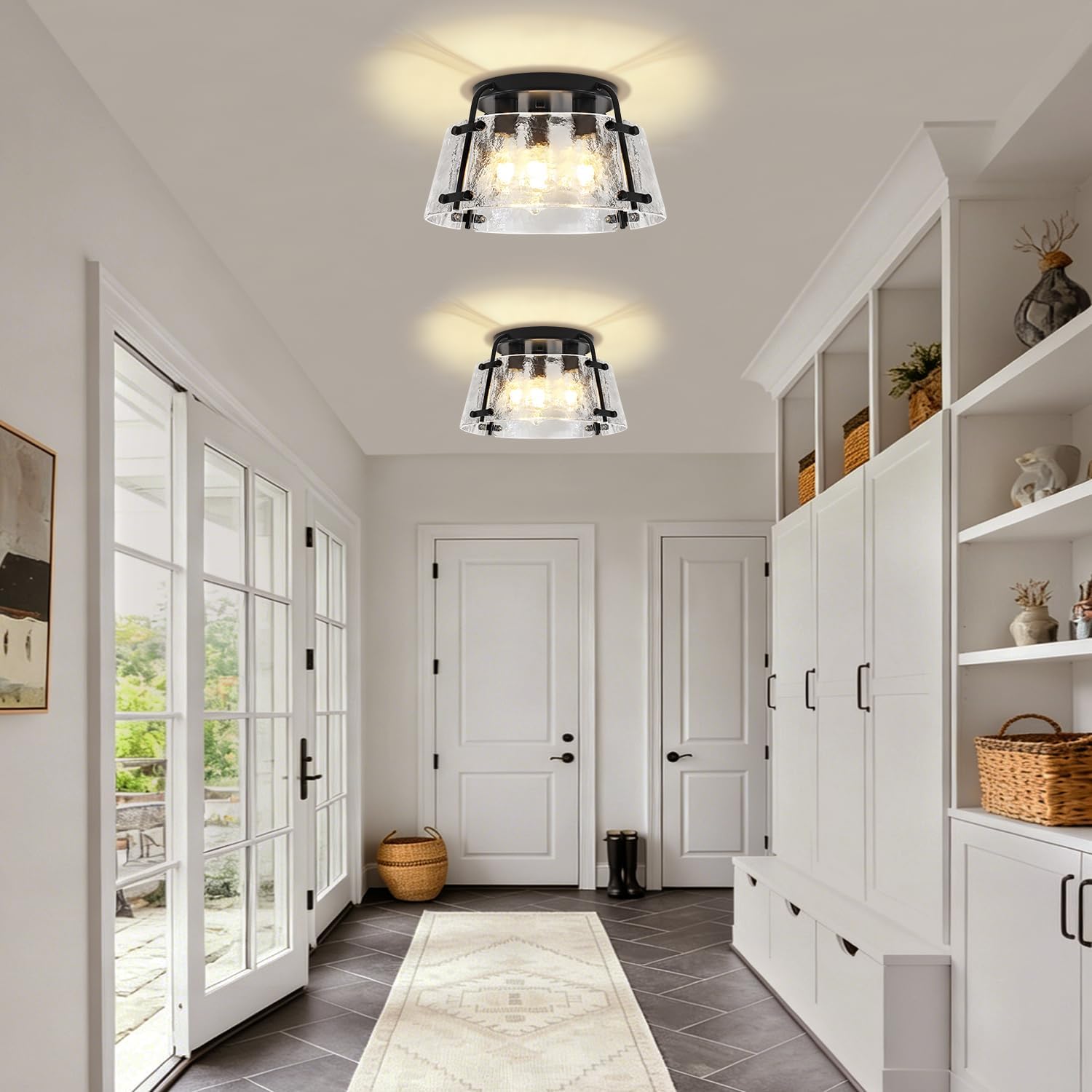 Modern Semi Flush Mount Ceiling Light, 3-Light Black Kitchen Light Fixtures Thick Hammered Glass Close to Ceiling Lights for Hallway Entryway Dining Room Bedroom Bathroom Laundry Room