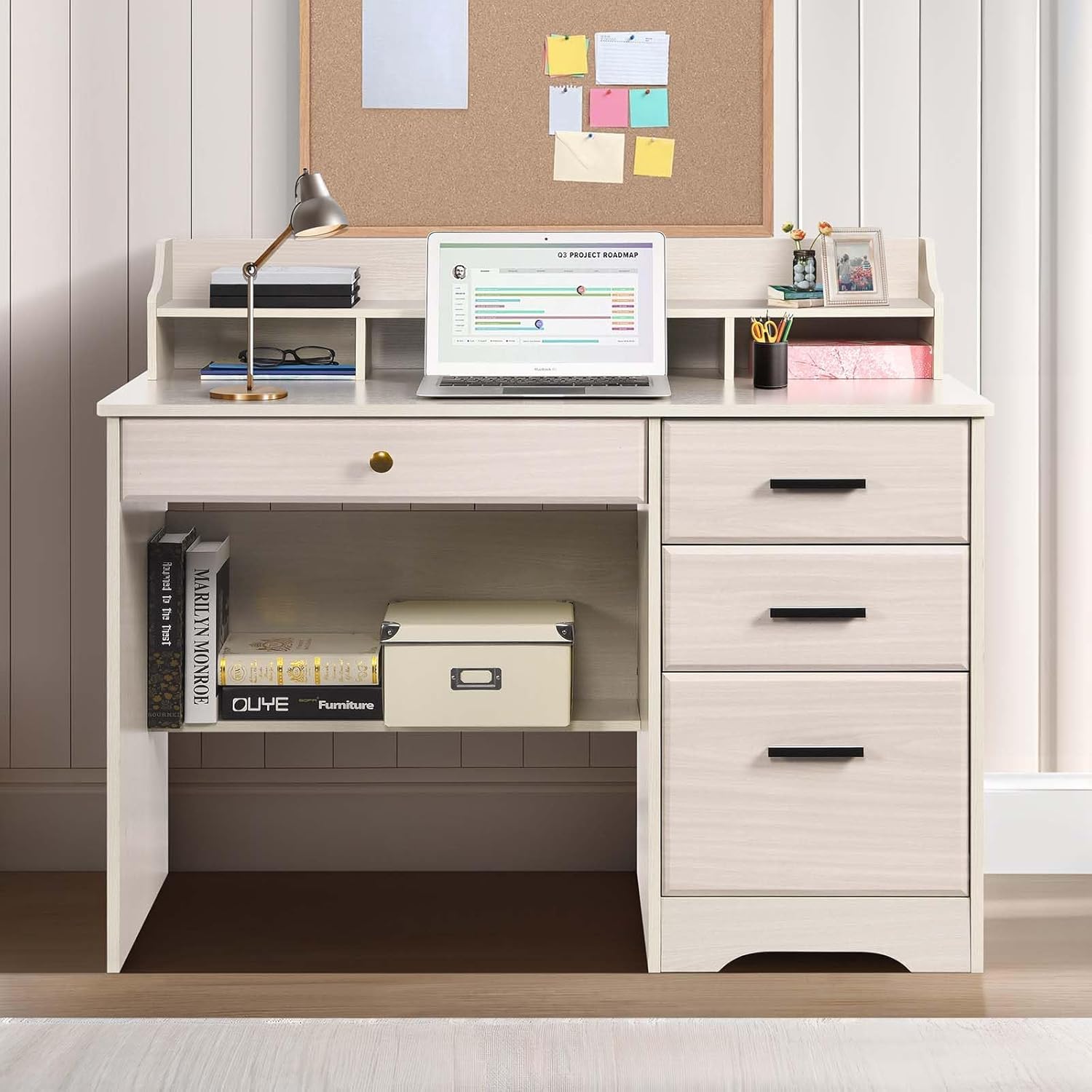 Catrimown Computer Desk with Drawers and Hutch, Farmhouse Home Office Desk, Wood Student Desk with File Drawer for Bedroom, Writing Table for Small Space, Warm White