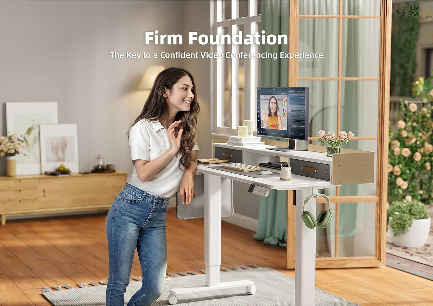 YDN Standing Desk with Drawers, 55 Inch Standing Desk Adjustable Height, Adjustable Electric Stand Up Sit Stand Small Desks with Storage and Shelf, White
