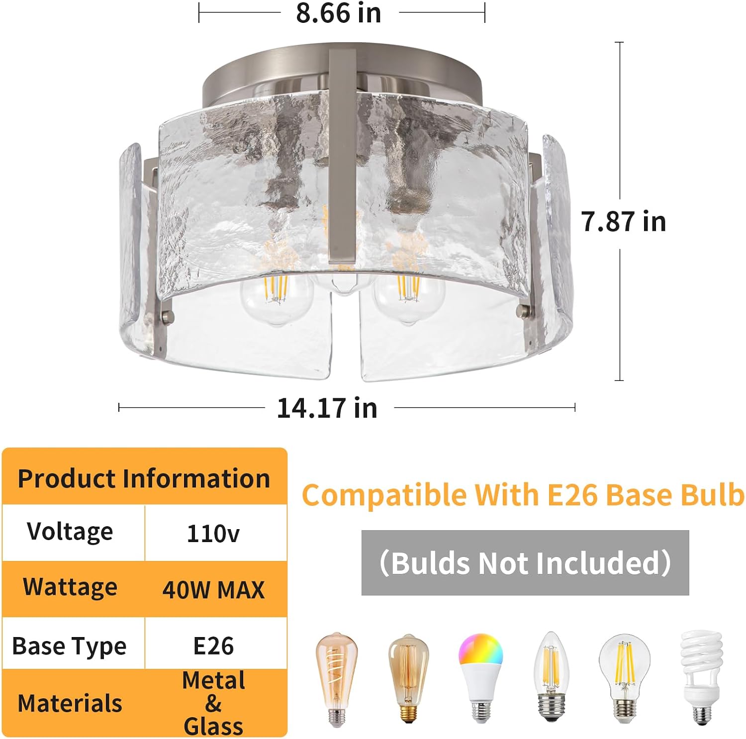 Nickel Semi Flush Mount Ceiling Light Fixture, 14-Inch Glass Drum Flush Mount Light Modern Foyer Lighting Fixtures Farmhouse Kitchen Lights for Entryway Hallway Bathroom Laundry Room Bedroom