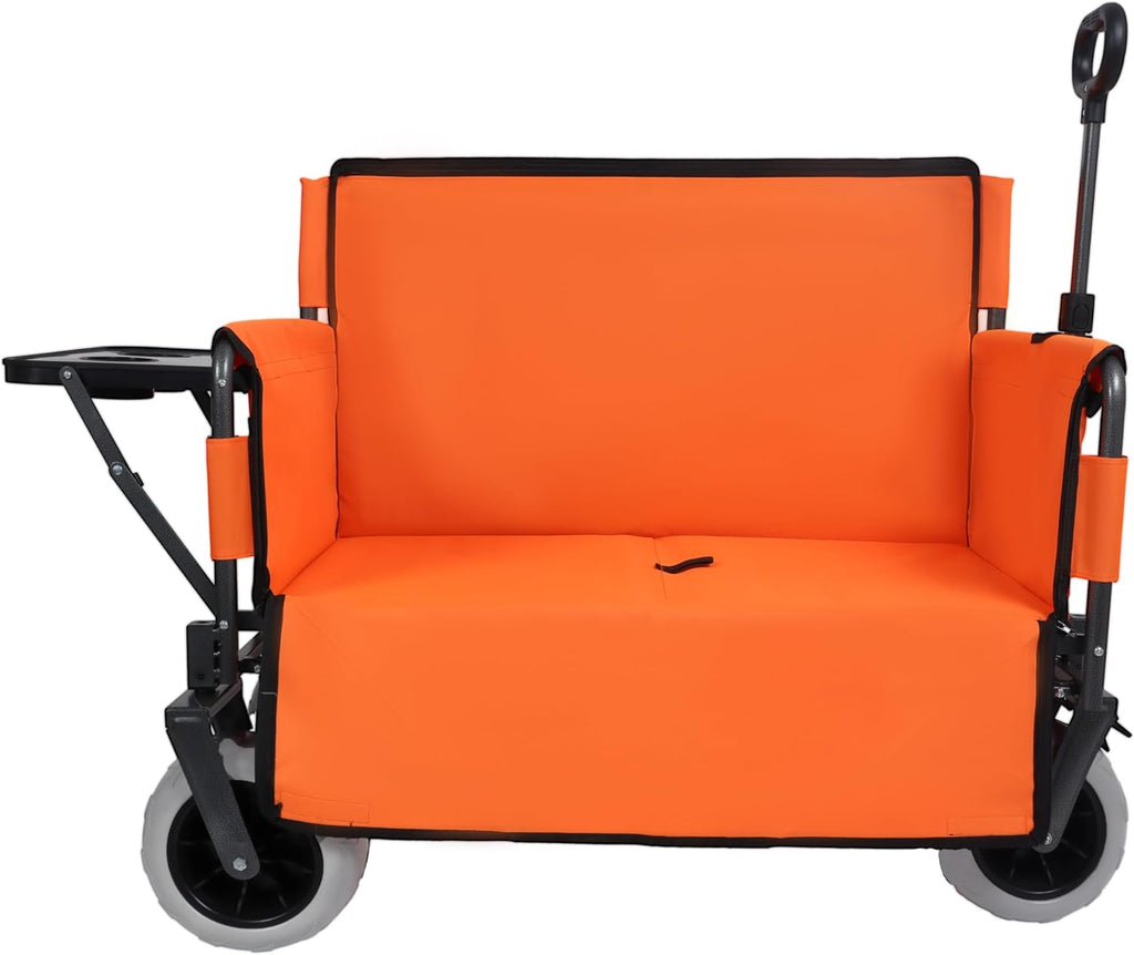3-in-1 Folding Wagon with Bench Seat – 500lbs Capacity,Reinforced Carbon Steel Frame, 180L Cargo Space– Perfect for Camping, Beach, Outdoor Events & Heavy-Duty Hauling (Orange+ Cup Holder)