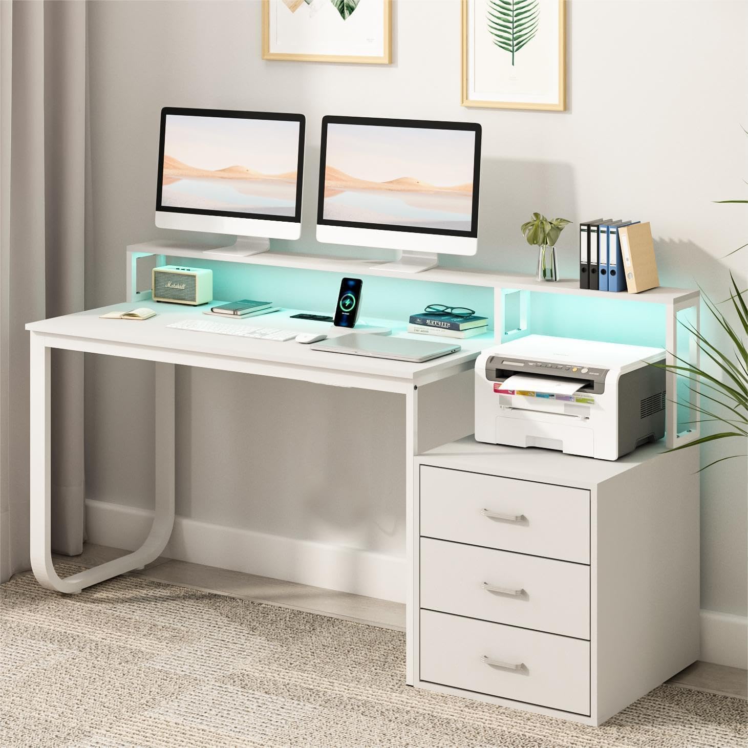 HOMBCK 67' Computer Desk with 3 Drawers, Home Office Desk with Long Monitor Stand and Printer Space, Office Desk with Storage & LED Lights, Writing Desk with Drawers, White