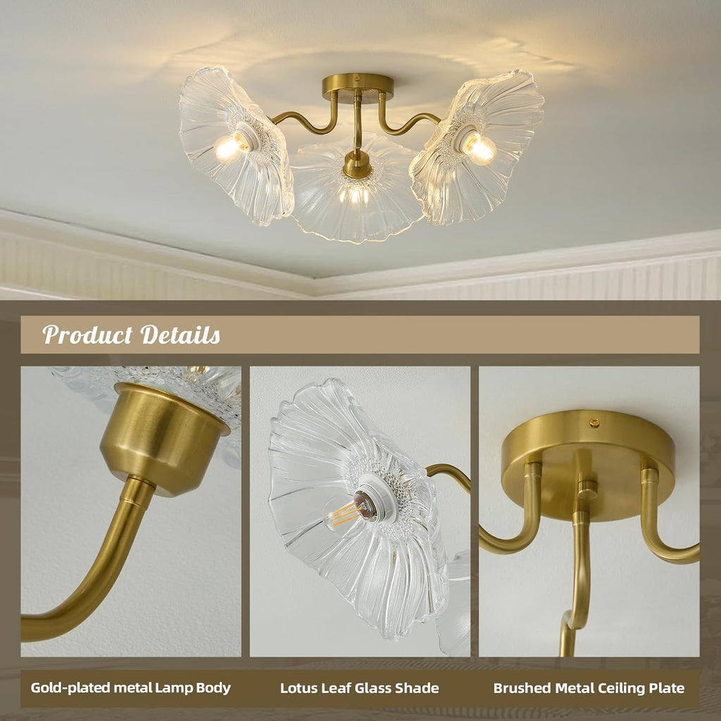 Flower Glass 3 Lights Ceiling Light - Gold Vintage Floral Semi Flush Mount Chandelier Lighting Fixtures - Mid Century Modern Art Deco Lamps for Bedroom Bathroom Hallway Foyer Hall Kitchen Living Room