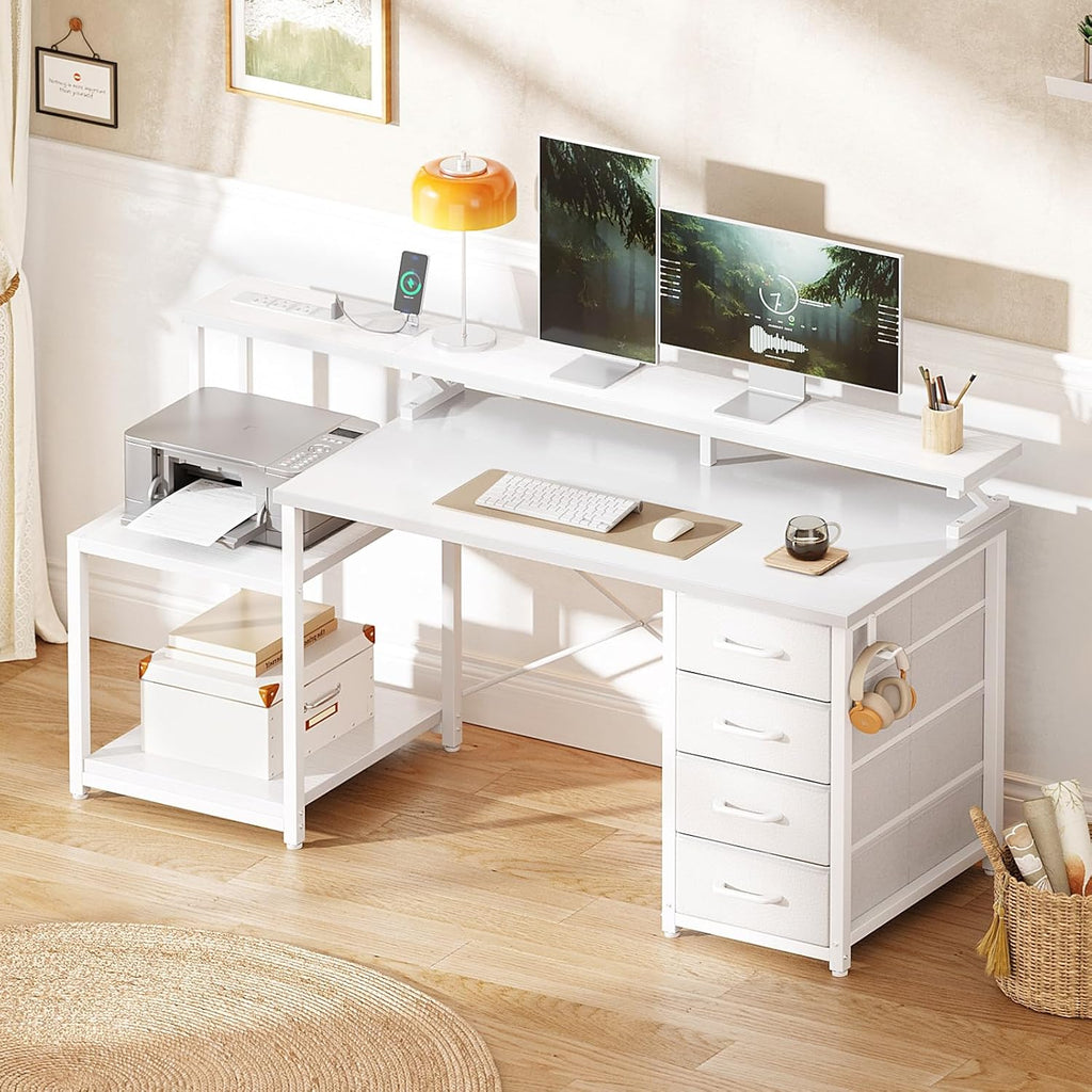 ODK 55 Inch Gaming Computer Desk with Power Outlets and 4 Drawers, Large Home Office Desk with Monitor Stand, Printer Shelf and Storage Shelves for Gaming or Bedroom Setup, White