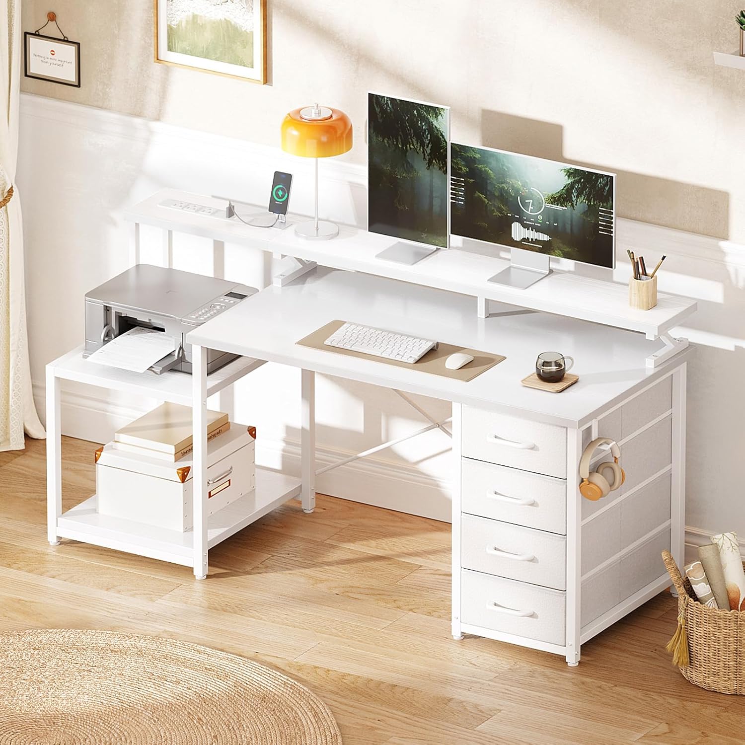 ODK 55 Inch Gaming Computer Desk with Power Outlets and 4 Drawers, Large Home Office Desk with Monitor Stand, Printer Shelf and Storage Shelves for Gaming or Bedroom Setup, White