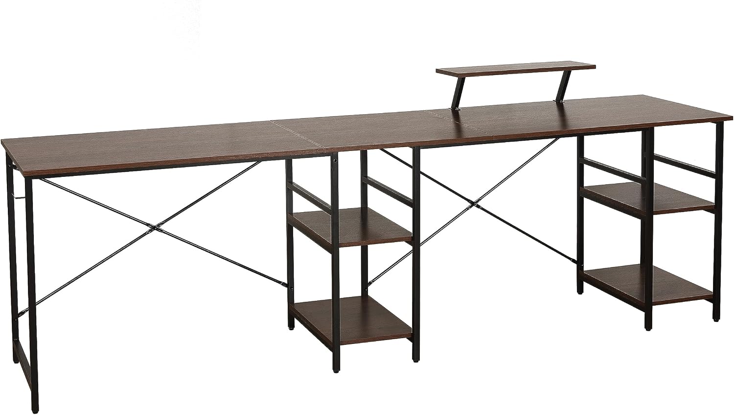 Techni Mobili Office Desk - Reversible L Shaped Desk with Storage Shelves, Monitor Stand & Accessory Holder - Ergonomic & Industrial Workstation Corner Table with Durable Steel Frame, Walnut