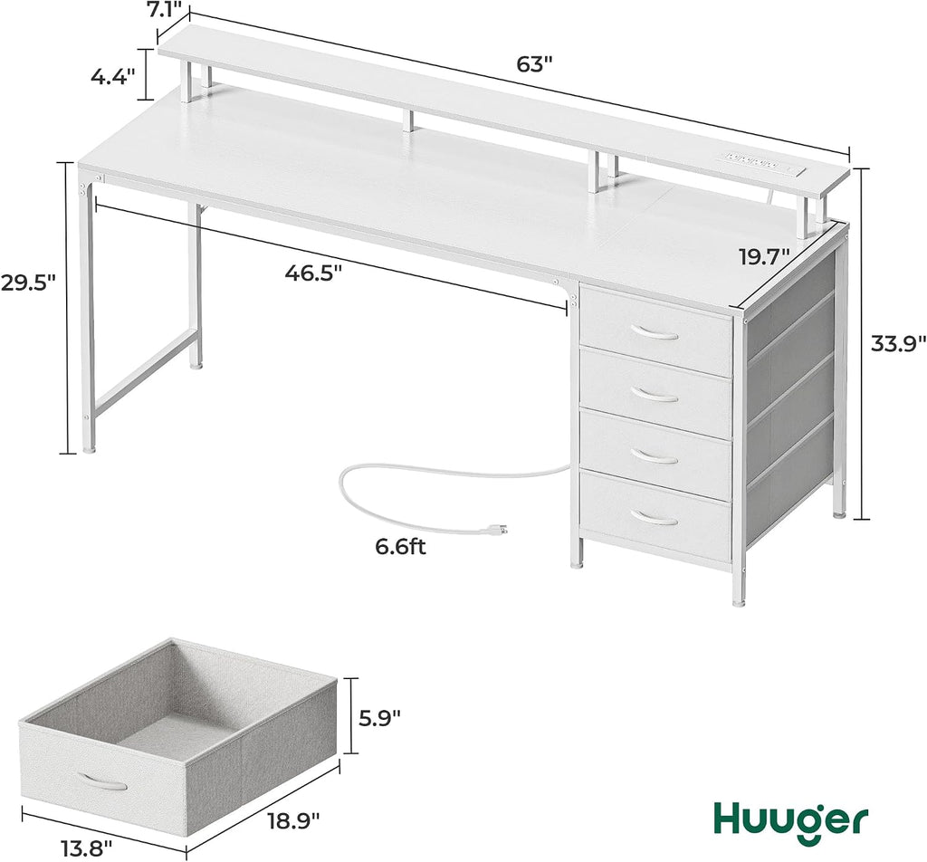Huuger 63 Inch Computer Desk with Power Outlets and LED Lights, Gaming Desk with 4 Drawers, Office Desk with Monitor Stand, Study Work Desk for Home Office, White