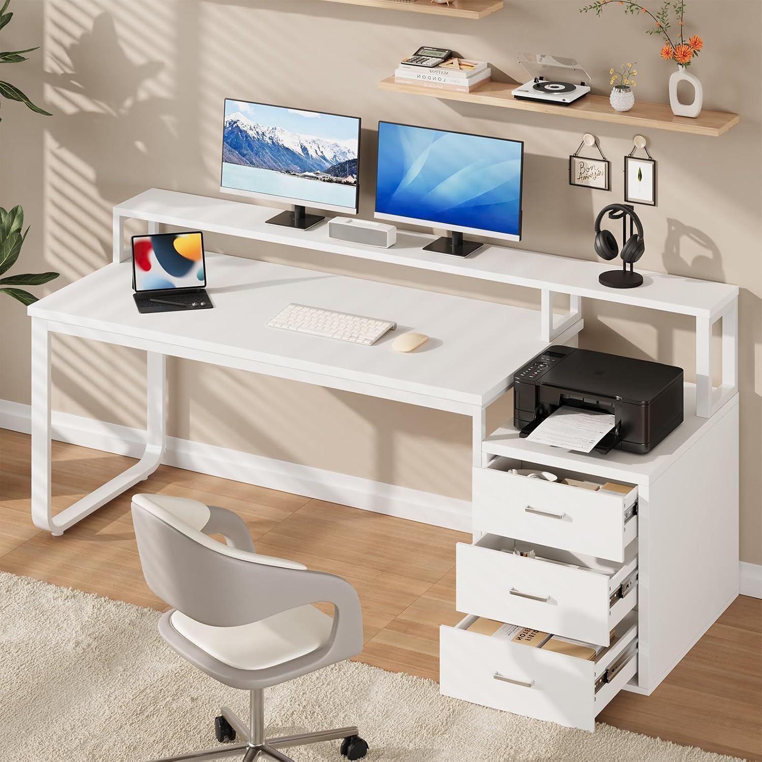 MaverickFurni 67' White Desk with Drawers, Reversible Computer Desk with Moniter Stand and LED Lights, Home Office Desk with Printer Shelf, White