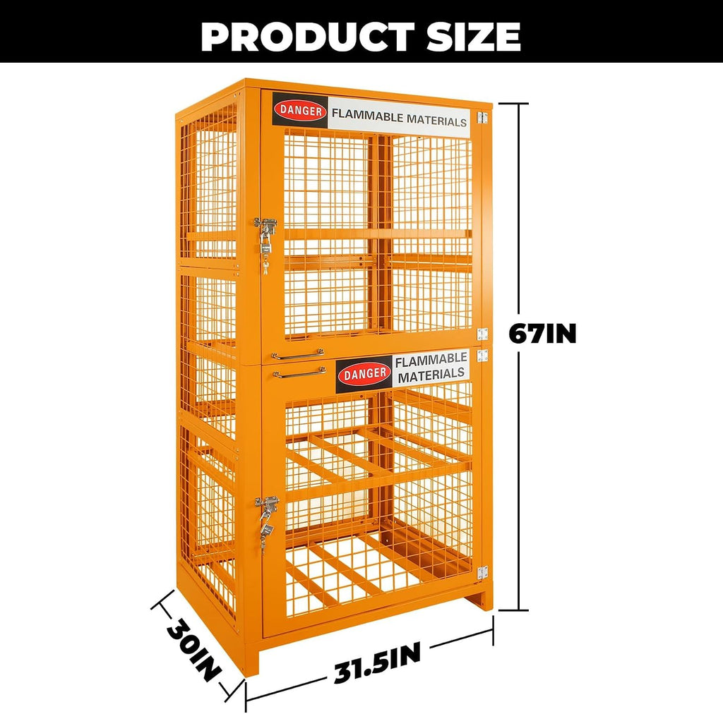 Sidasu Propane Tank Storage Cage for 8 Cylinders-31.5'x30'x67', Lockable Outdoor Storage Box with Split Doors, Heavy Duty Cylinder Storage Cabinet, Yellow Powder Coated,Fits 3,5,11,20,30,33lb Tanks