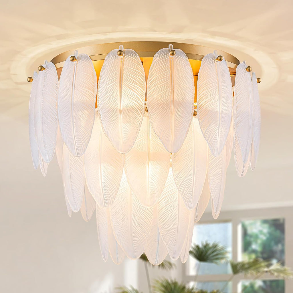 LumFurn D16in Modern Glass Chandeliers, 7-Light Elegant Design Flushmount Ceiling Light Fixture for Dining Room, Living Room & Bedroom, D16xH14inch, Frosted Glass Feather Shade & Gold Finish Frame