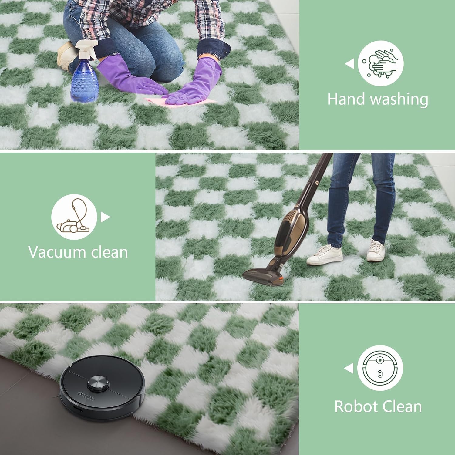 Large Area Rugs for Living Room Bedroom,9x12 Green and White Fluffy Soft Checkered Rug Fuzzy Shag Shaggy Carpet,Indoor Plush Floor Rugs for Teen Dorm Home Decor