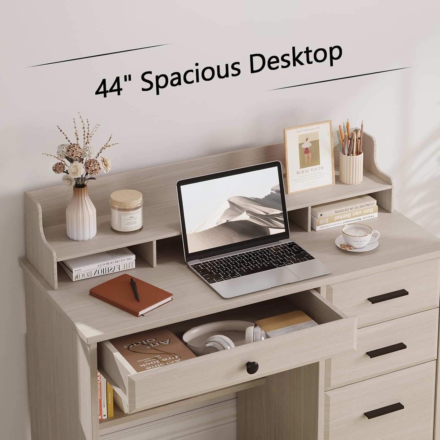 4 EVER WINNER Small Desk with Drawers for Small Spaces, 44'' Computer Desk with File Cabinet & Monitor Stand, Wood Writing Desk for Bedroom, Living Room, Off White