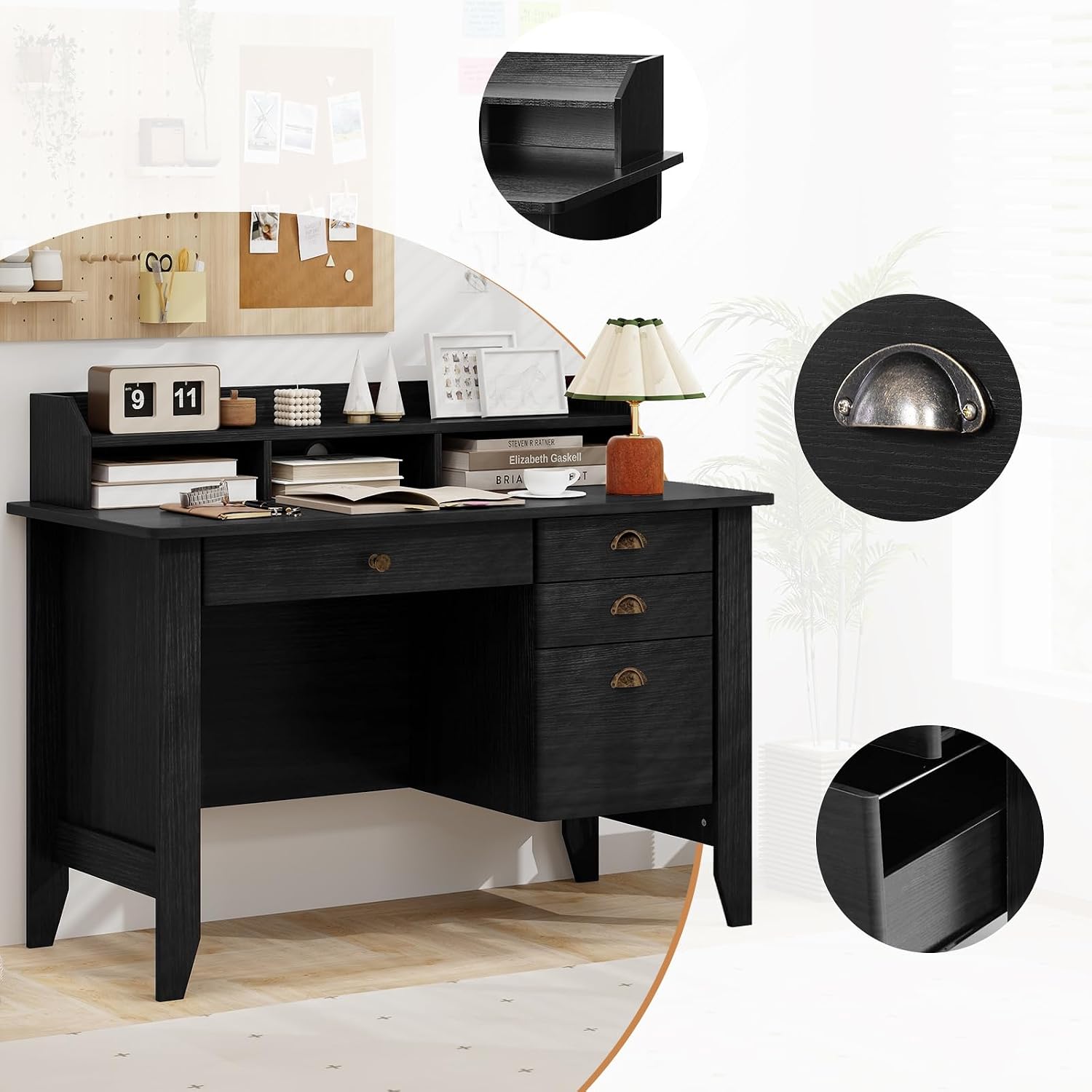 MAT EXPERT 48' Wide Computer Desk, Vintage Computer Desk with Hutch & Storage Drawer, Monitor Stand, Writing Workstation, Waterproof Laptop Table Gaming Desk for Study, Office, Bedroom (Black)