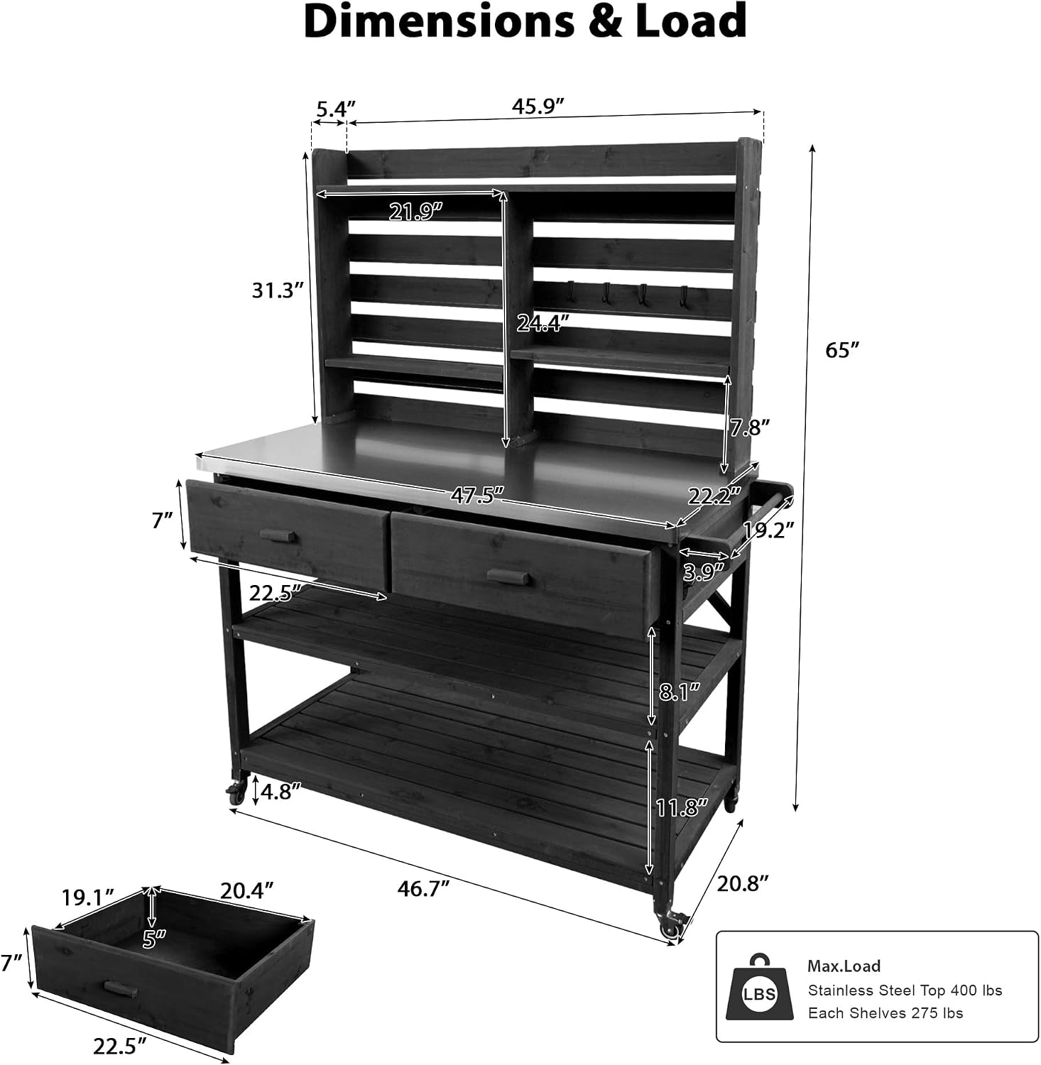 64.9' H Outdoor Potting Bench Table with Lockable Wheels,Solid Wood Outdoor Kitchen Island with Upper Hutch,Stainless Steel Top,Towel Rack,Outdoor Storage for Grilling,Lawn Garden,Black