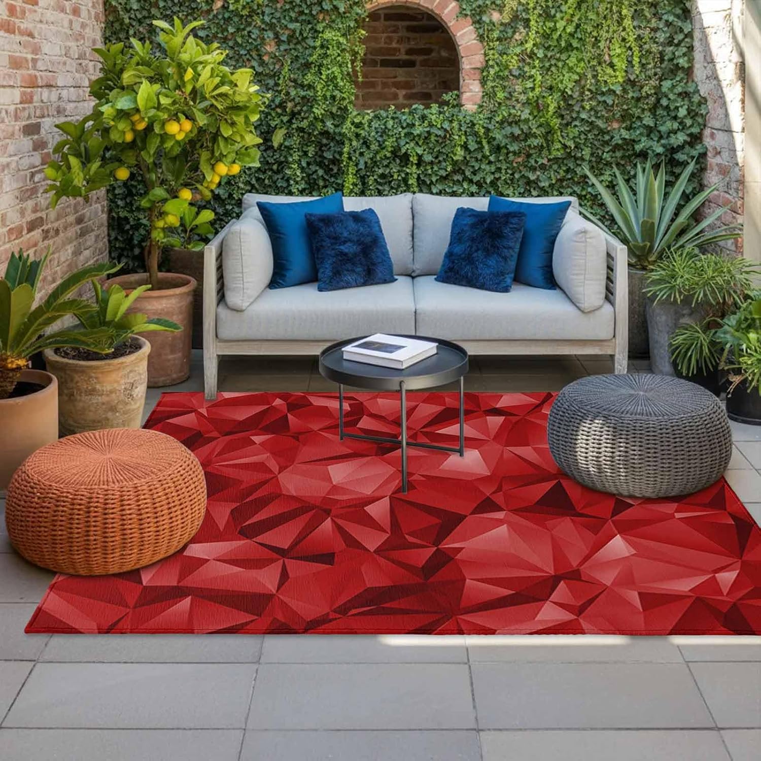 Red Geometric Outdoor Rug for Patio/Deck/Porch, Non-Slip Large Area Rug 5 x 7 Ft, Vintage Minimalism Abstract Aesthetic Indoor Outdoor Rugs Washable Area Rugs, Reversible Camping Rug Carpet Runner