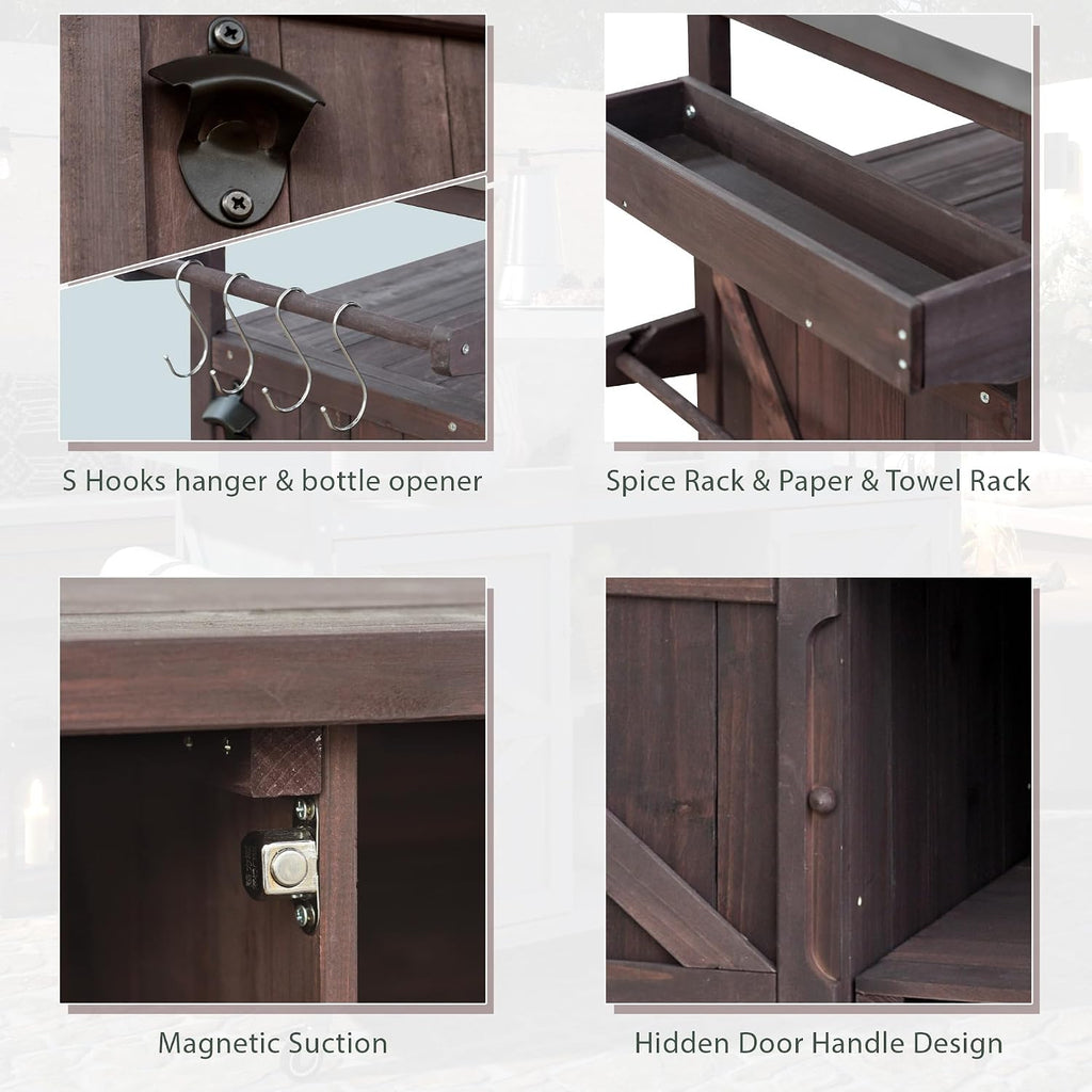 50.25'' Outdoor Kitchen Island, Rolling Bar Cart & Storage Cabinet, Farmhouse Solid Wood Outdoor Grill Table with Stainless Steel Top, Spice Rack, Towel Rack for Kitchen & BBQ,Dark Brown