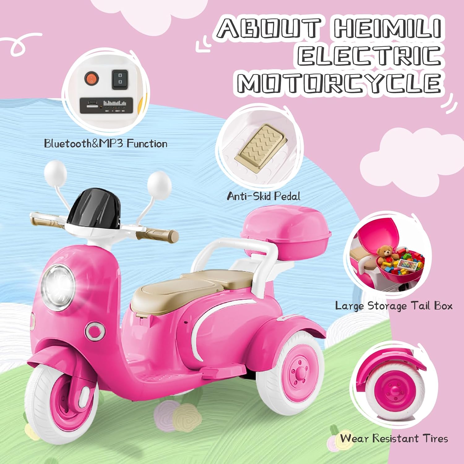 HEIMILI 12V 2-Seater Ride on Motorcycle for Kids, 3 Wheel Electric Motorbike with Dual 25W Motors, Toddler Moped Scooter with Bluetooth Music, Battery Powered Toy for Girls Boys 3-6 Years, Rose